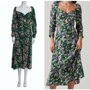 ASTR The Label  Long Sleeve Twist Keyhole Front Midi Dress in Green Floral L NWO